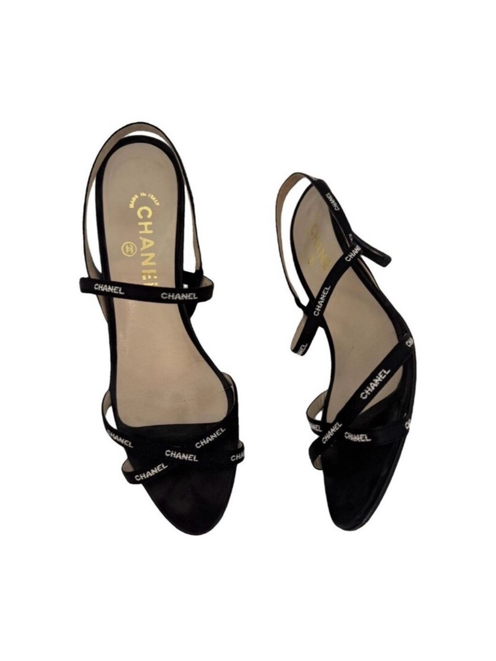 CHANEL Black Logo Strap Slingback Sandals